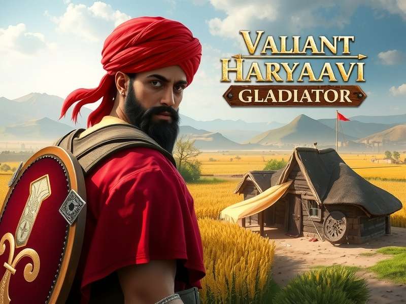 Open world view of rural Haryana in Valiant Haryanvi Gladiator showing traditional mud houses, millet fields, and Aravali hills in the distance